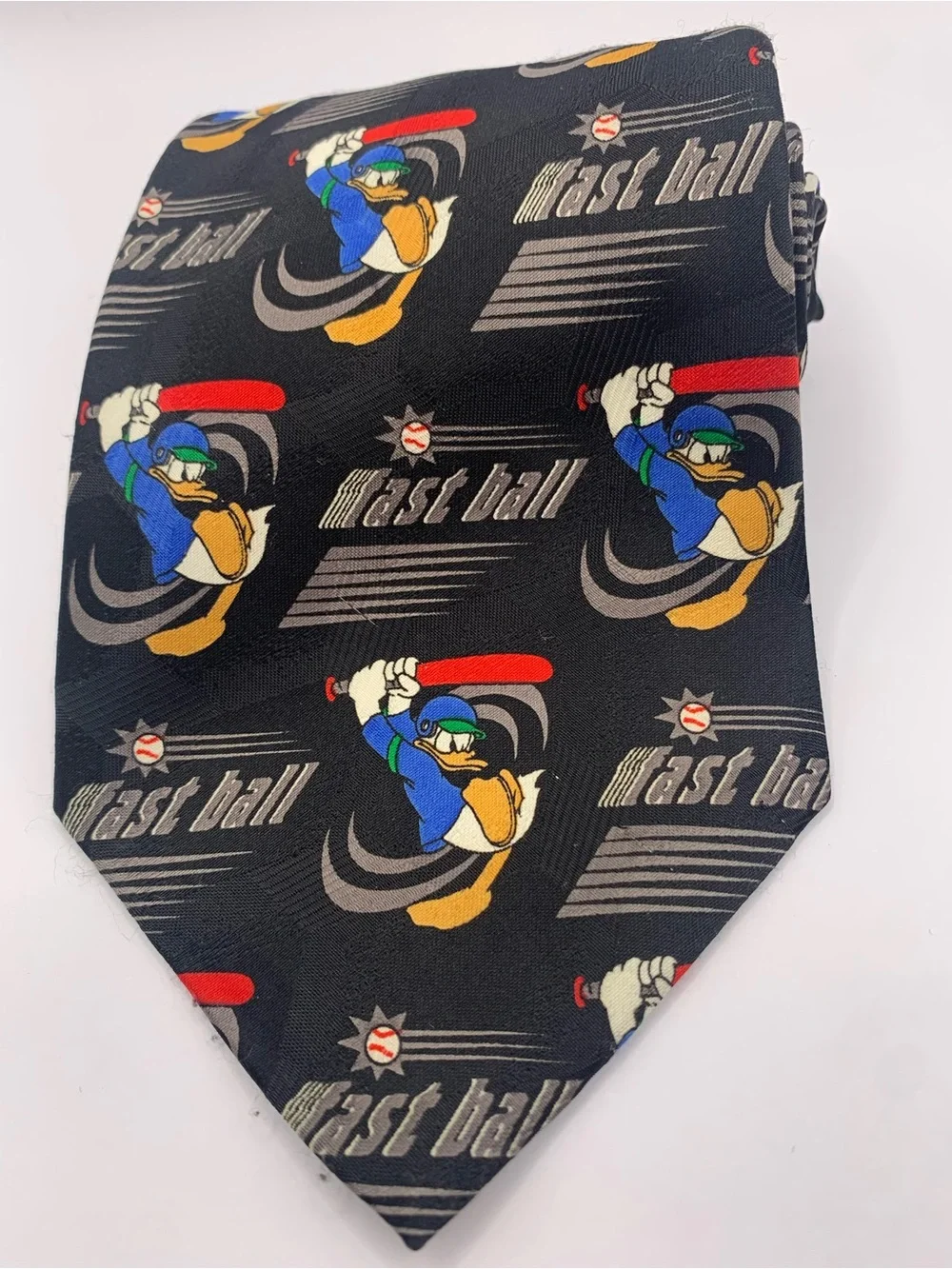 Donald Duck Black Novelty 'Fast Ball' Graphic Baseball Tie Disney Rare